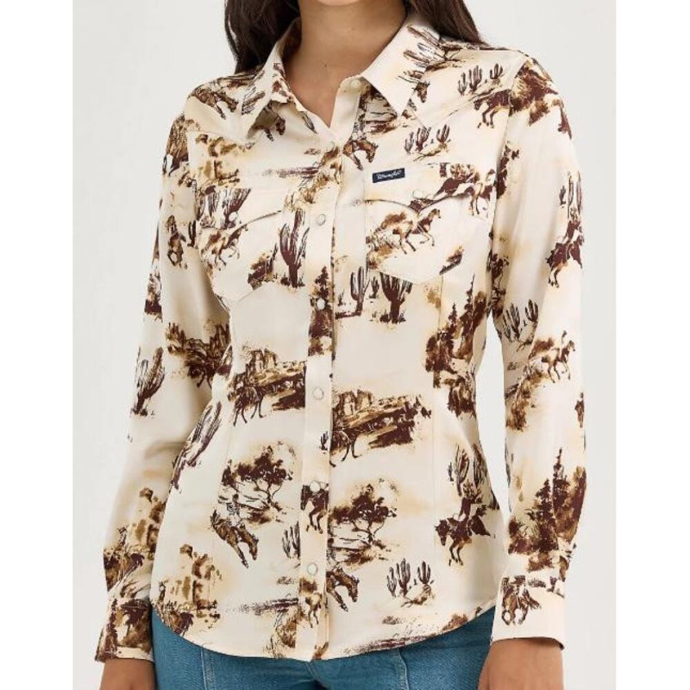 Wrangler Retro Ladies L/S Cream Bucking Cowboy Western Snap Shirt